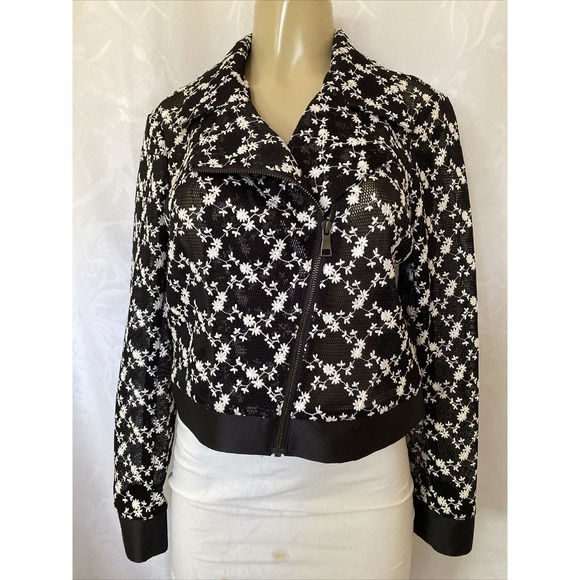 Sachin & Babi Mesh Embroidered Floral Moto Jacket Blazer Black White Zip… - Picture 2 of 7